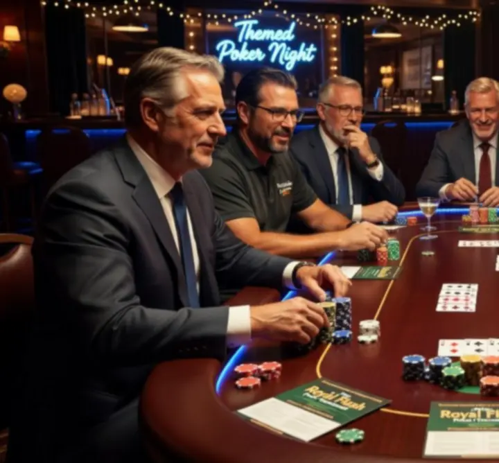 Zorganizowany wieczór pokerowy z kilkoma stołami i animatorami